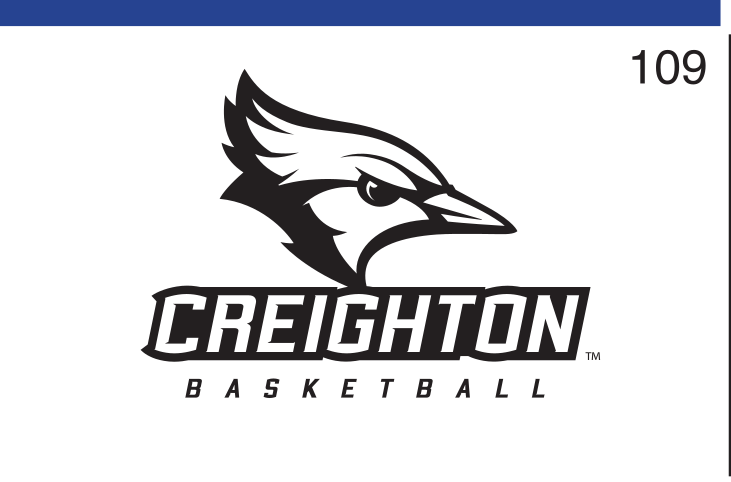 Bluejay head with Creighton Basketball wordmark, black/white on white variant, cell 109