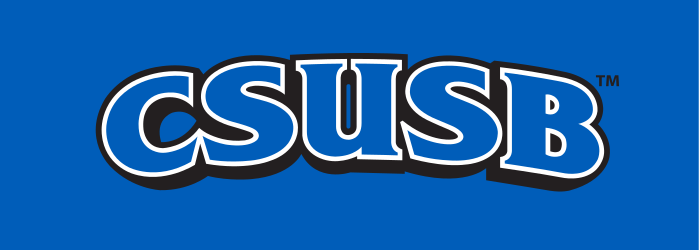 CSUSB wordmark, white/gray/black on blue variant, cell 18
