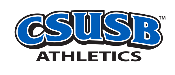 CSUSB Athletics lockup, blue with black outline variant, cell 57