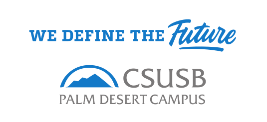 We Define the Future Palm Desert Campus logo, blue horizontal variant, cell 153