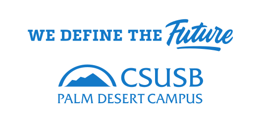 We Define the Future Palm Desert Campus logo, blue horizontal variant, cell 154