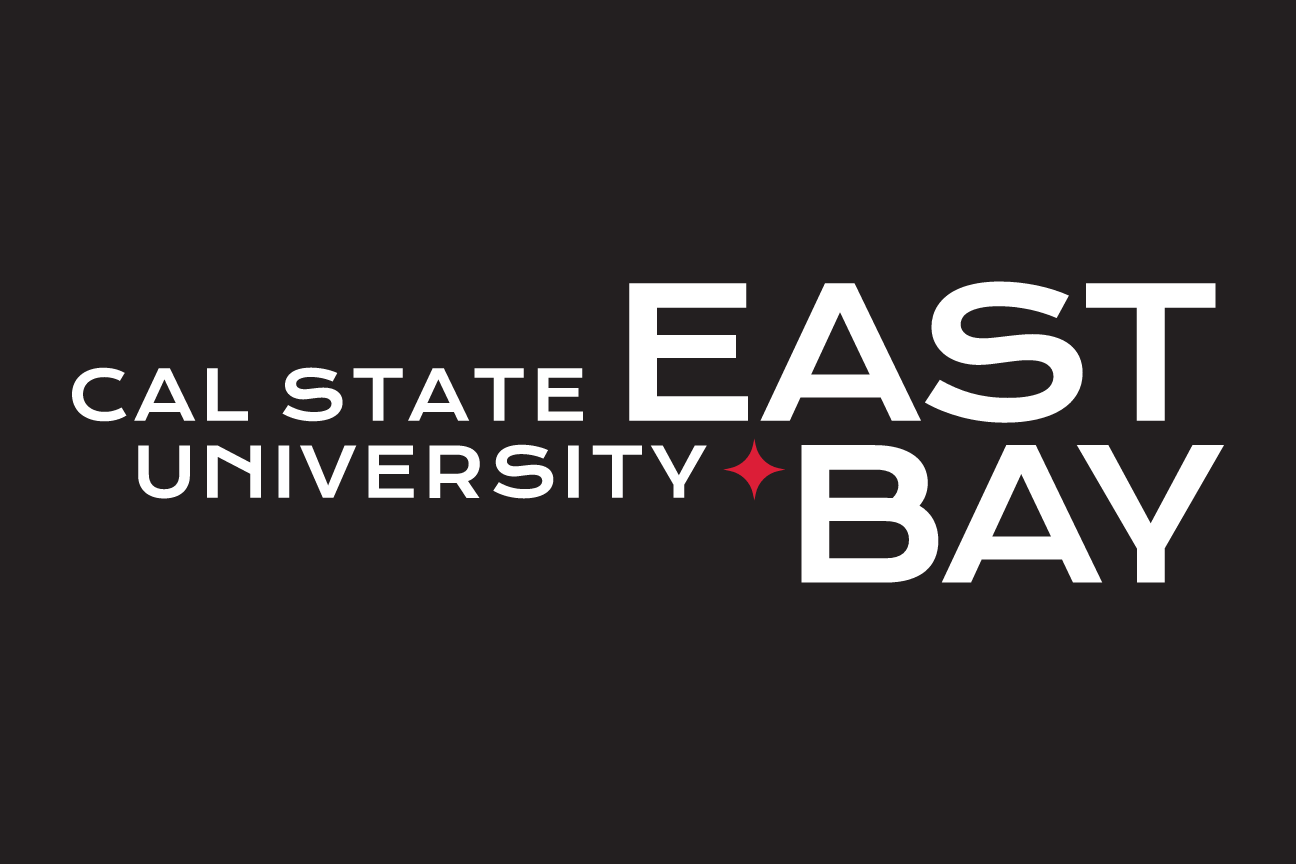 Cal State East Bay horizontal logo, white on black background variant, cell 4