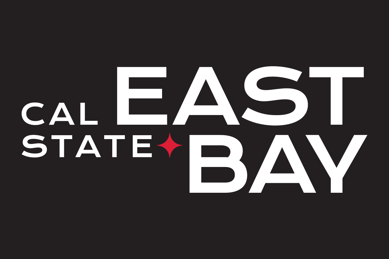 Cal State East Bay stacked logo, white on black background variant, cell 8