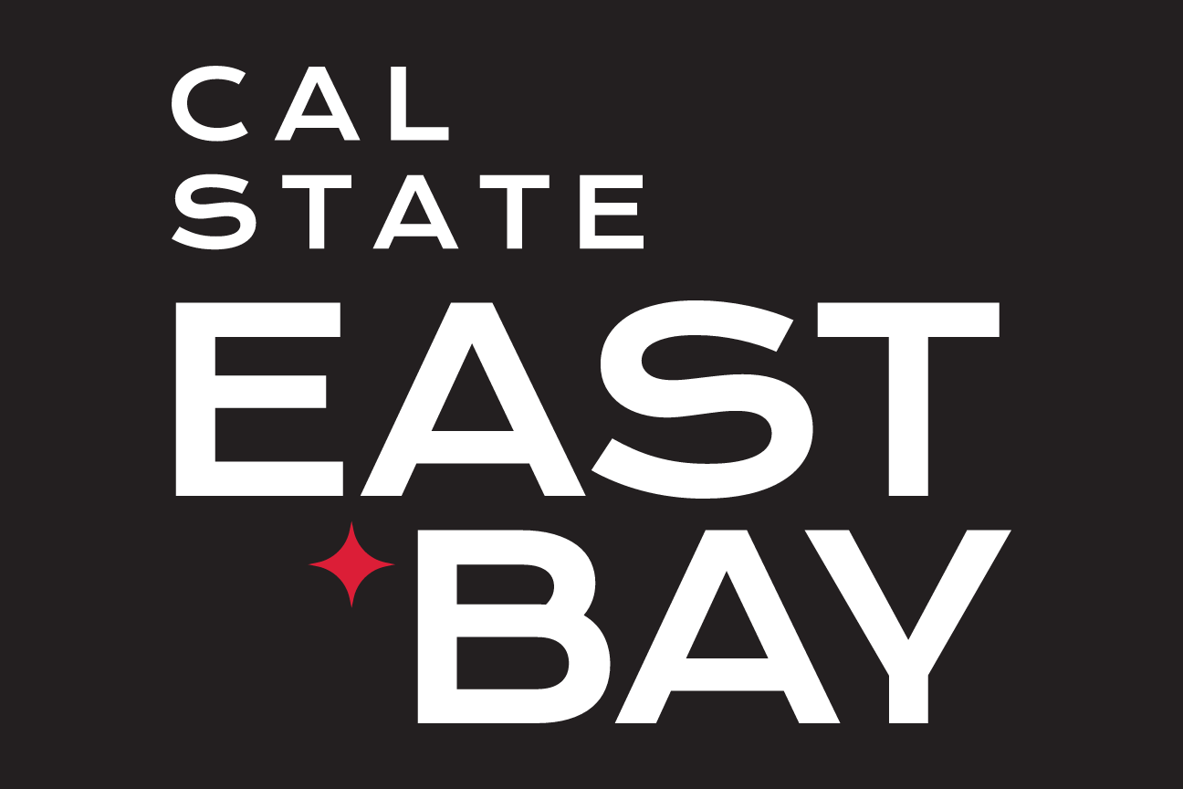 Cal State East Bay stacked logo variant 2, white on black background variant, cell 12