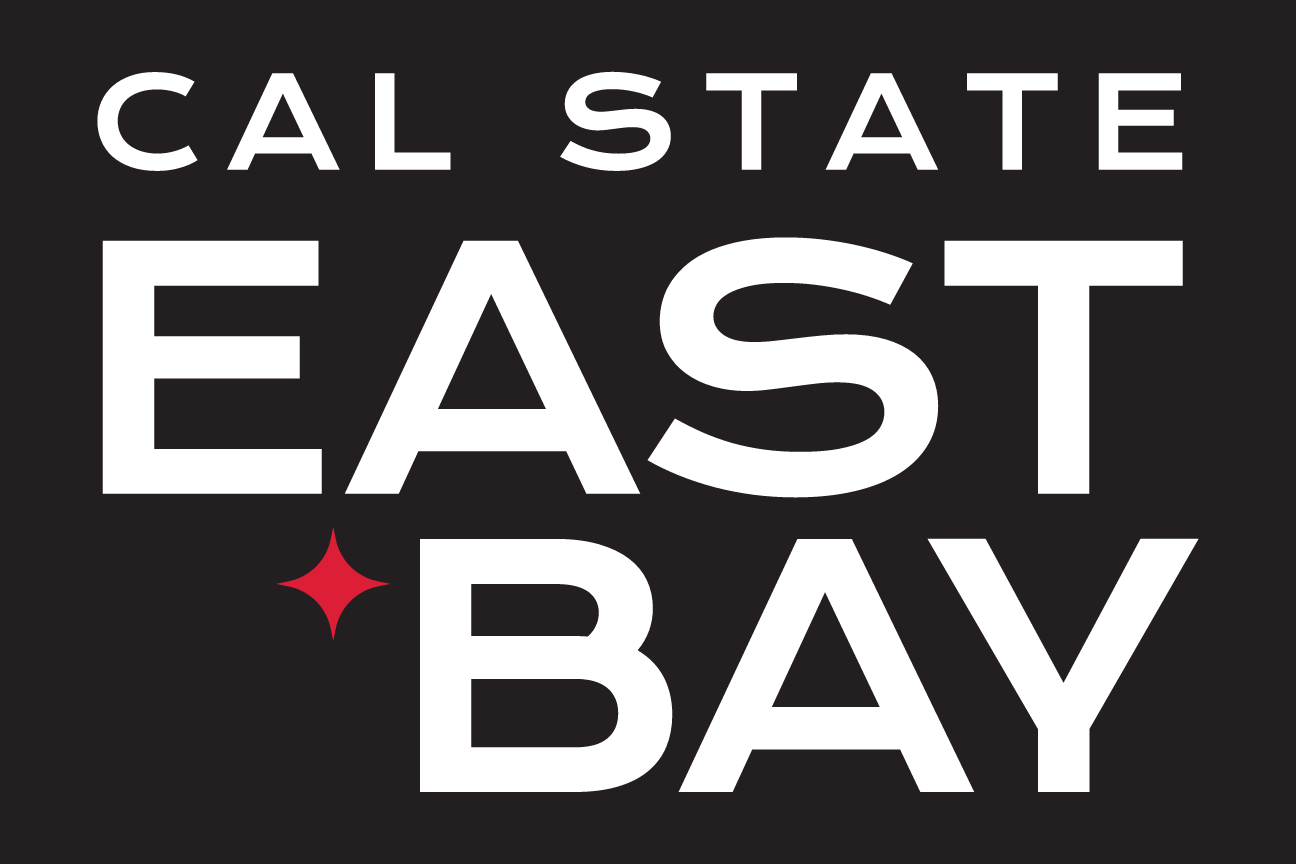 Cal State East Bay stacked logo variant 3, white on black background variant, cell 16
