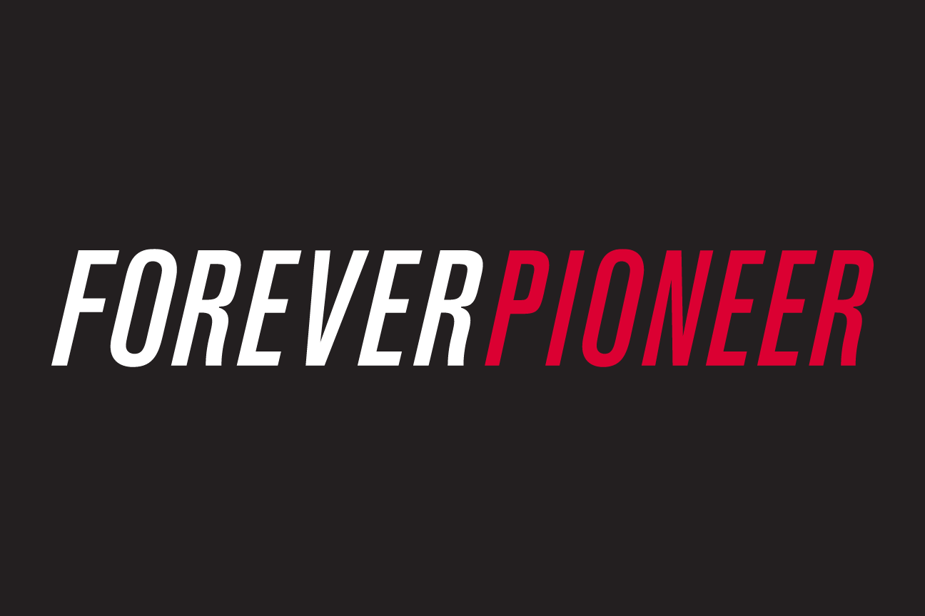 Forever Pioneer wordmark, white/red on black background variant, cell 24