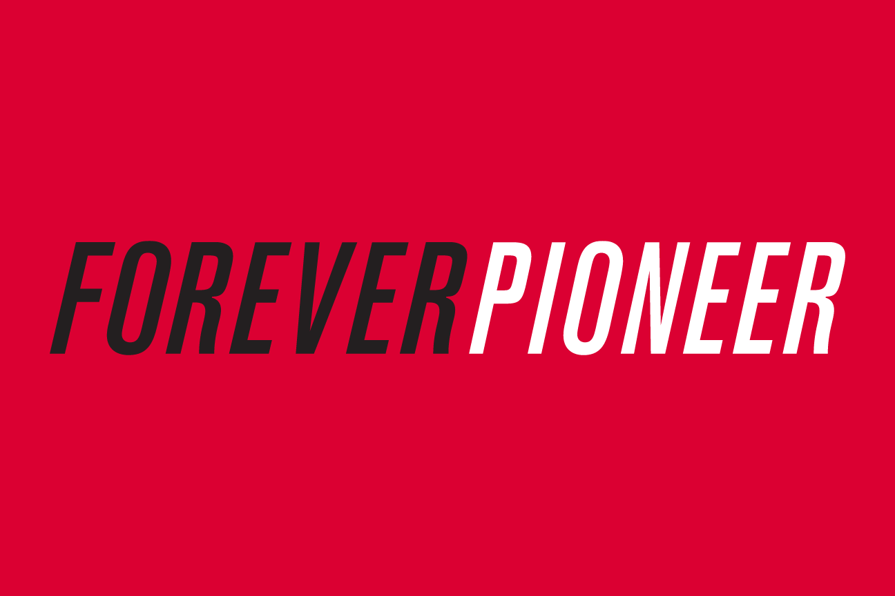 Forever Pioneer wordmark, black/white on red background variant, cell 25