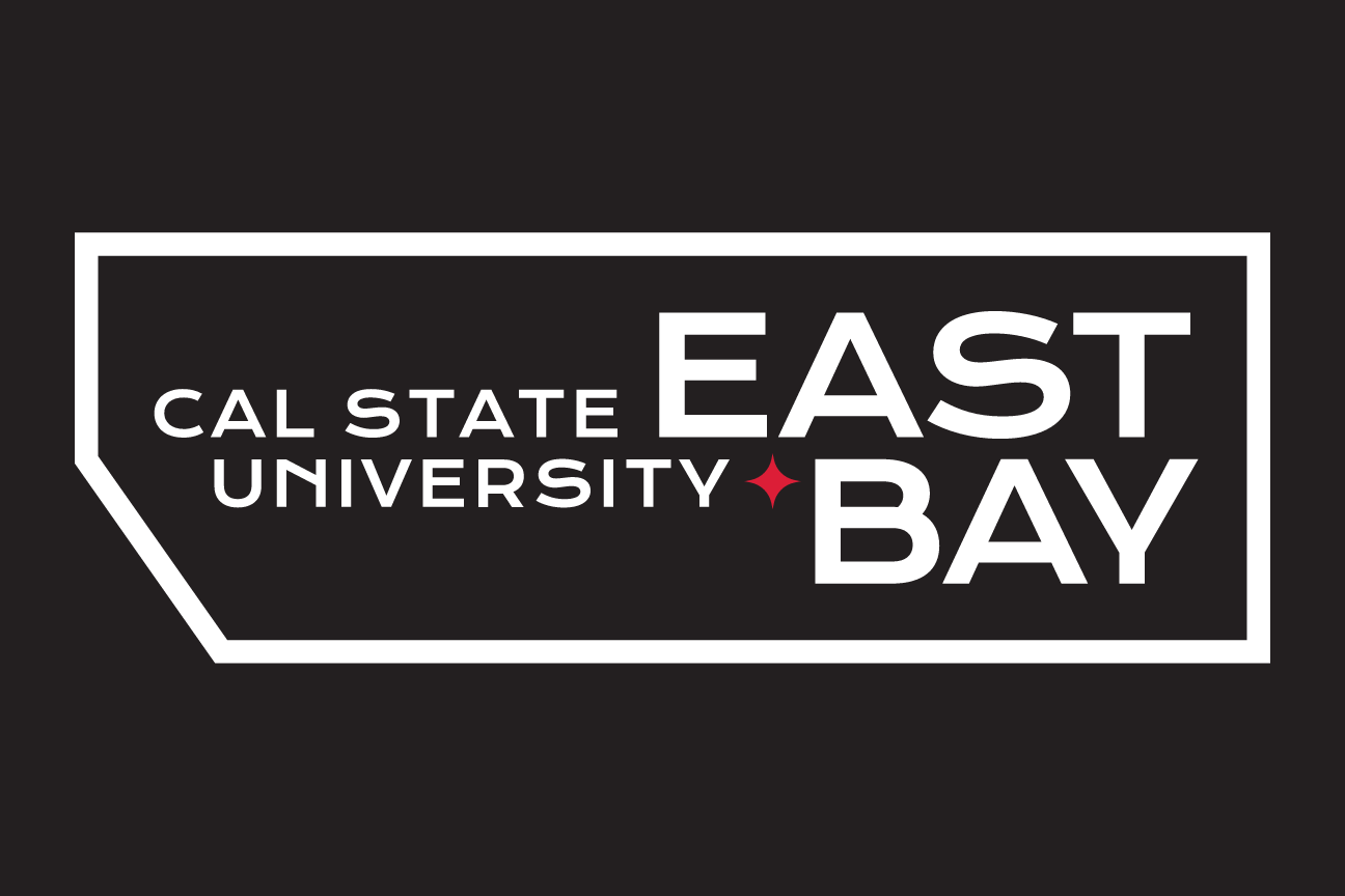Cal State University East Bay container logo, white outline, horizontal, black background, red star variant, cell 52