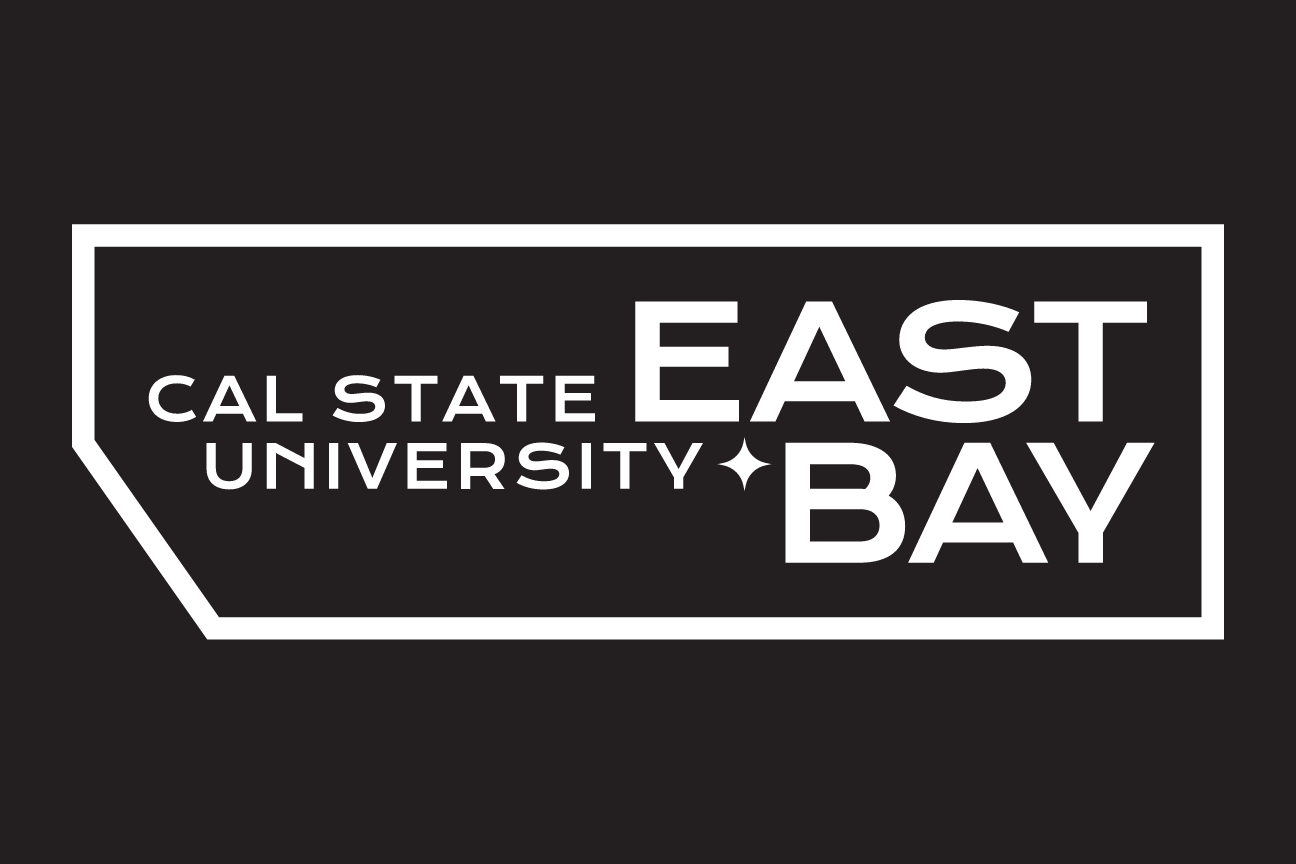 Cal State University East Bay container logo, white outline, horizontal, black background, white star variant, cell 56
