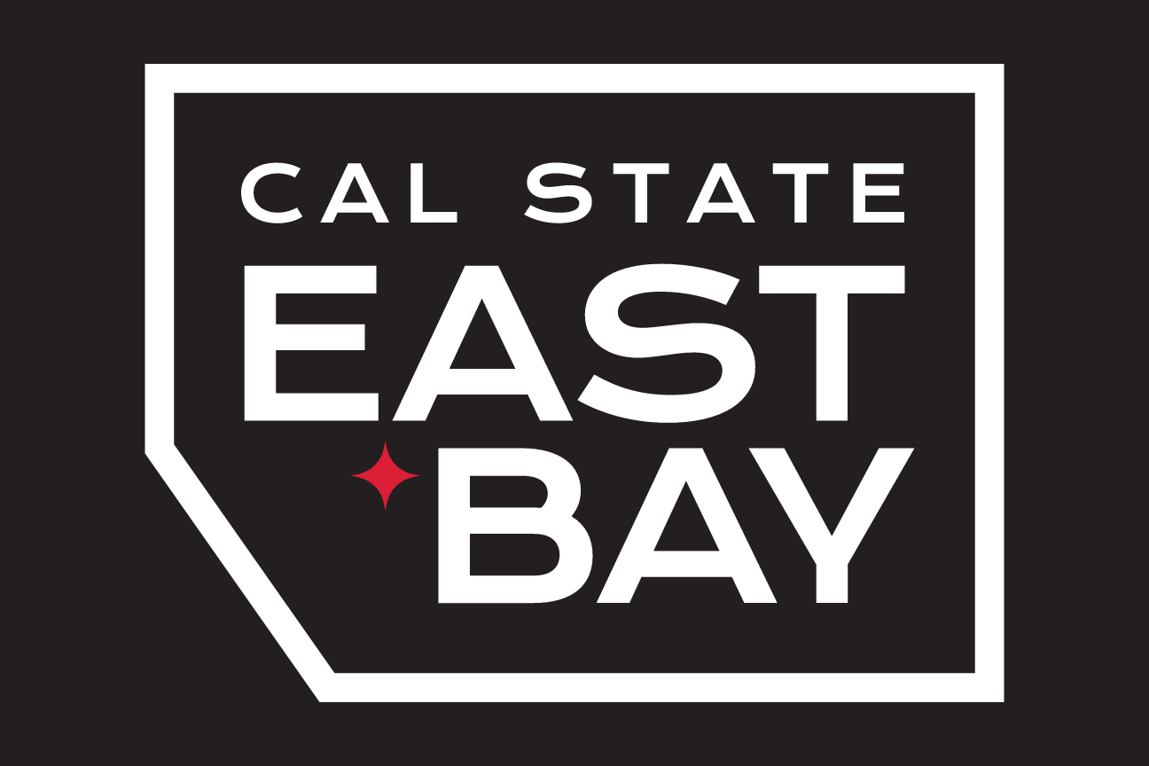 Cal State East Bay container logo, white outline, square, black background, red star variant, cell 54