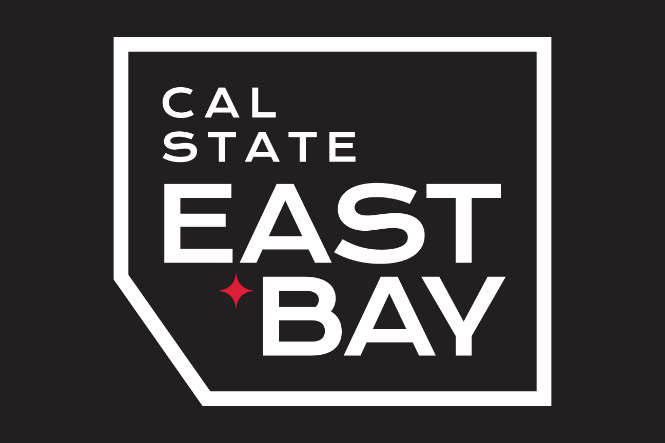 Cal State East Bay container logo, white outline, square stacked, black background, red star variant, cell 55