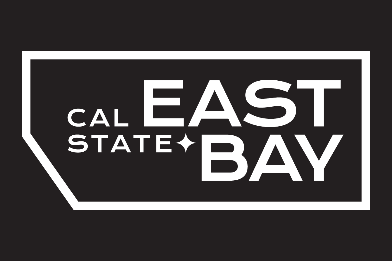 Cal State East Bay container logo, white outline, horizontal, black background, white star variant, cell 57