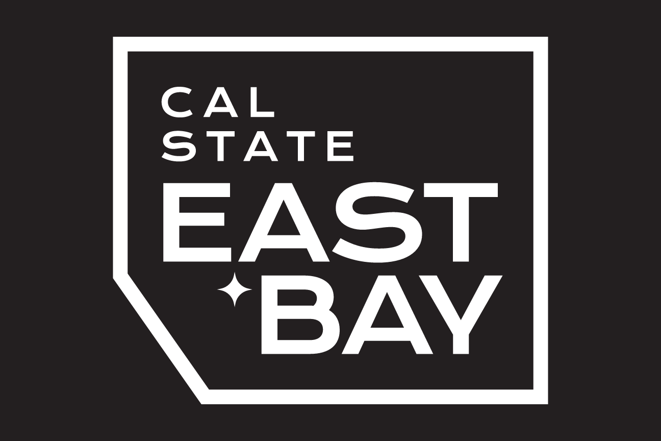 Cal State East Bay container logo, white outline, square stacked, black background, white star variant, cell 59