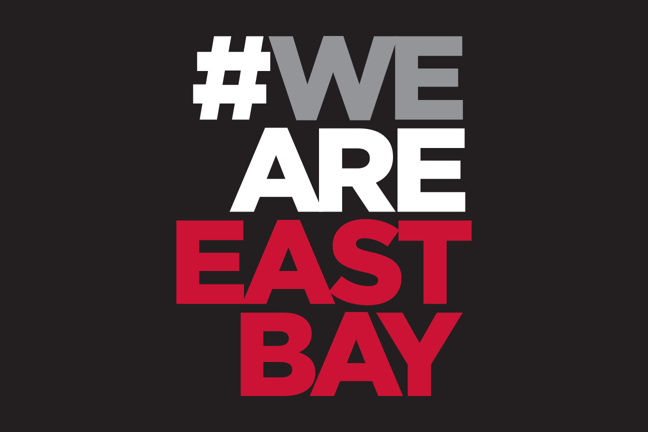 #WE ARE EAST BAY wordmark, stacked 4 lines, white/red on black variant, cell 79