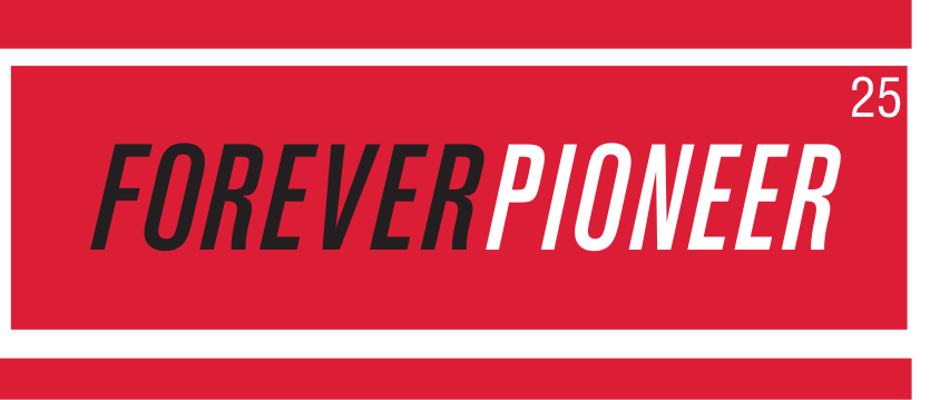 Forever Pioneer wordmark, black/white on red background variant, cell 25