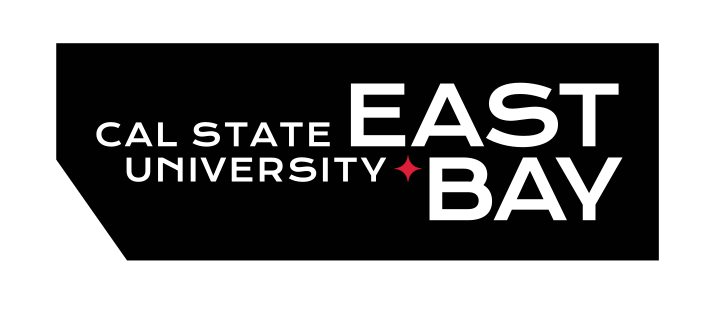 Cal State University East Bay container logo, black background, horizontal variant, cell 36