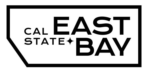 Cal State East Bay container logo, black outline, horizontal, white fill variant, cell 49