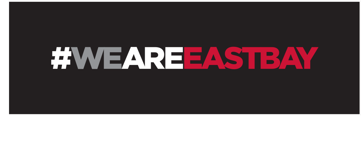 #WEAREEASTBAY wordmark, horizontal, white/red on black variant, cell 77