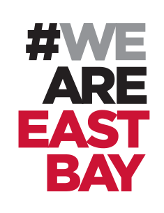 #WE ARE EAST BAY wordmark, stacked 4 lines, black/red variant, cell 73