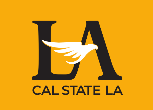 LA lettermark with stacked Cal State LA wordmark, black/gold on gold background variant, cell 3