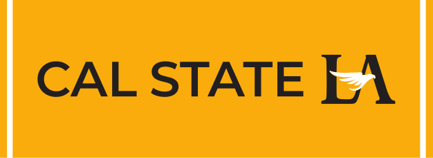 Cal State LA wordmark with small LA lettermark, black/gold on gold background variant, cell 7