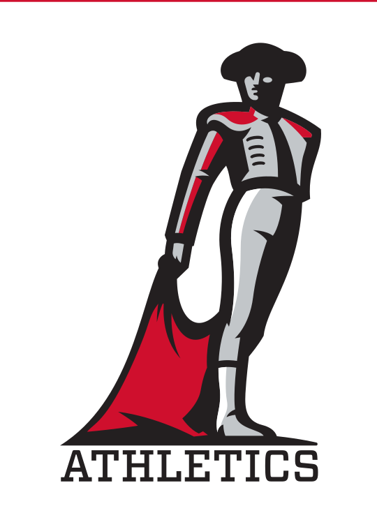 Matador mascot with Athletics wordmark, color vertical variant, cell 41