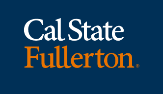 Cal State Fullerton stacked wordmark, white and orange variant, cell 85