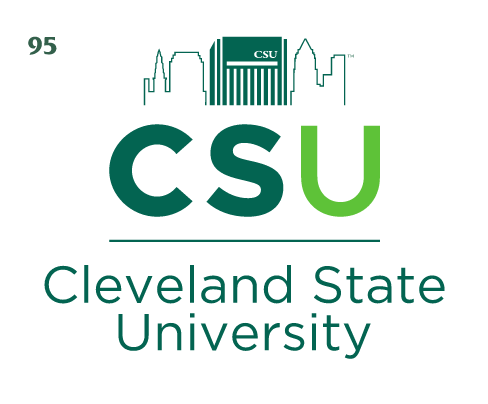 Cleveland State University logo, stacked, green and tan variant, cell 95