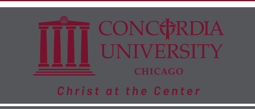 Concordia University Chicago horizontal lockup with tagline, maroon on gray variant, cell 17