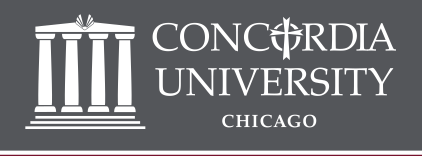 Concordia University Chicago horizontal lockup, white on gray variant, cell 20