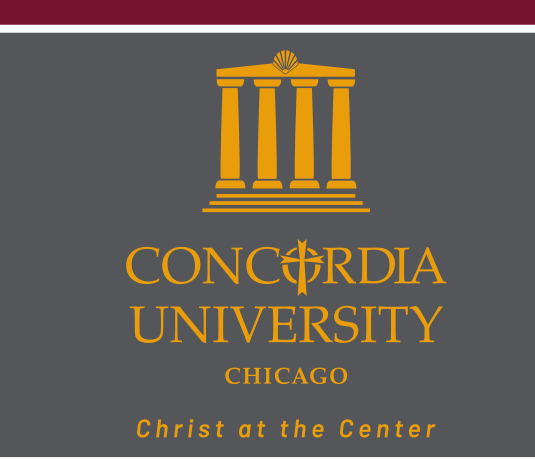 Concordia University Chicago vertical lockup with tagline, gold on gray variant, cell 26