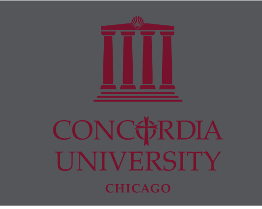 Concordia University Chicago vertical lockup, maroon on gray variant, cell 29