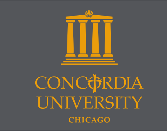Concordia University Chicago vertical lockup, gold on gray variant, cell 30