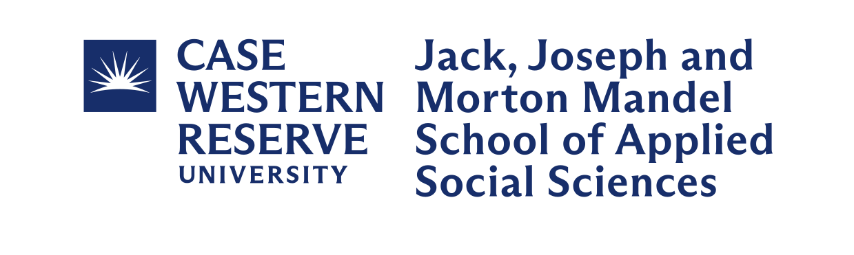 Case Western Reserve University Jack, Joseph and Morton Mandel School of Applied Social Sciences logo, stacked blue variant, cell 53
