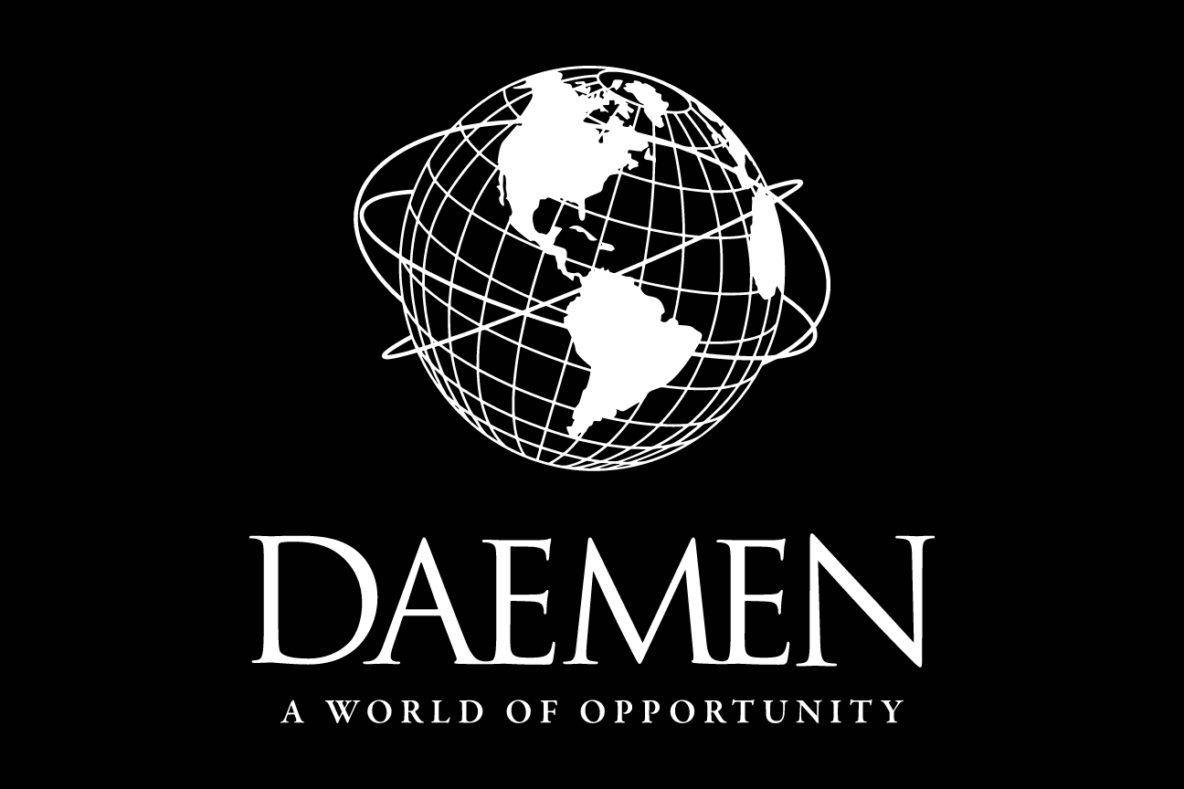 Daemen logo with tagline, stacked, white on black variant, cell 11