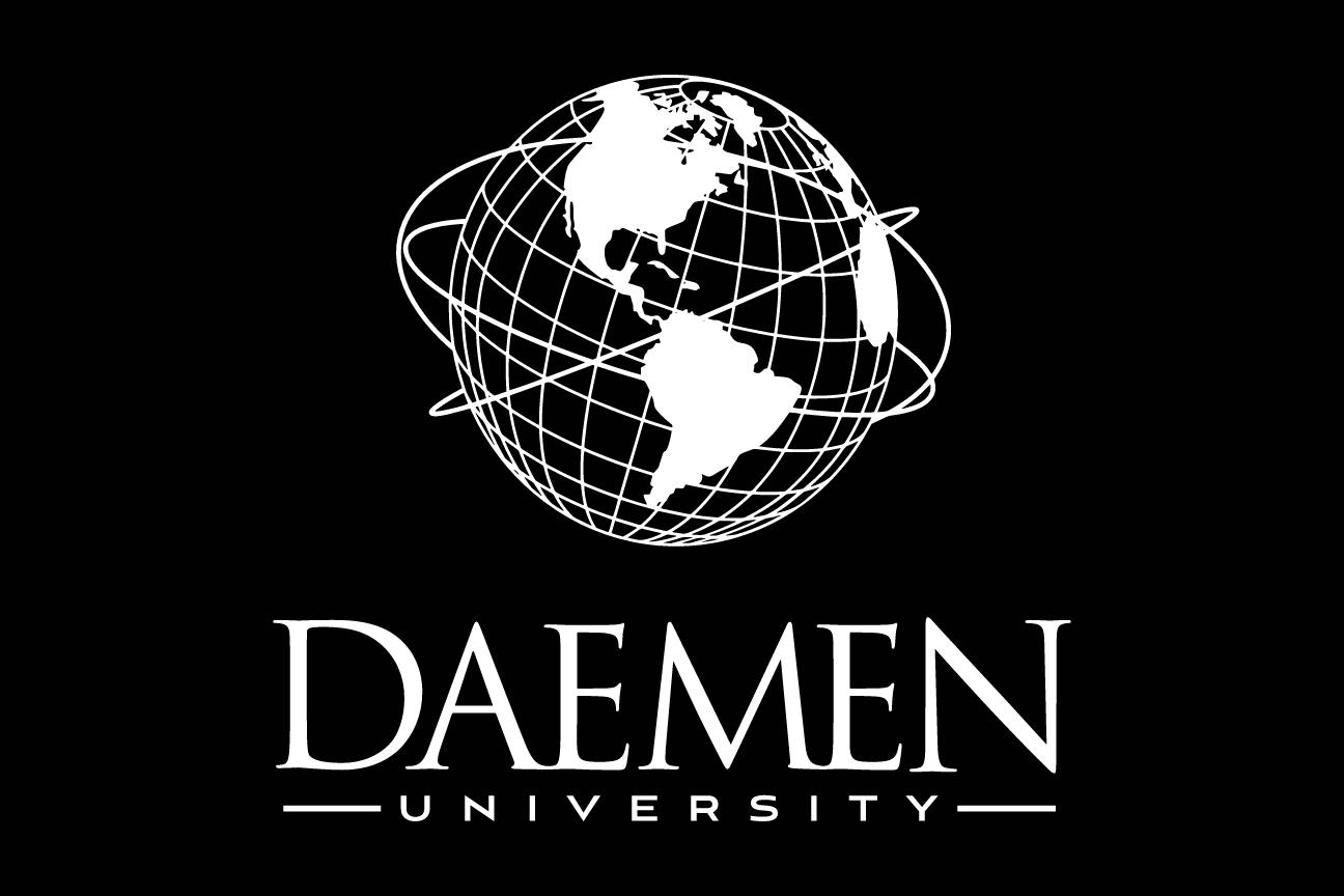 Daemen University logo, stacked, white on black variant, cell 2