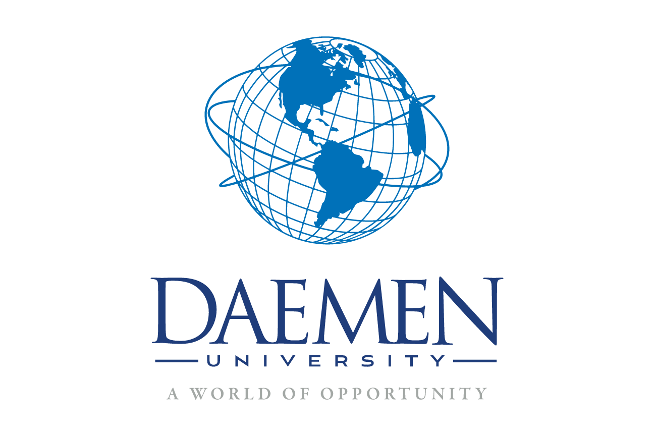 Daemen University logo with tagline, stacked, blue/gray variant, cell 4