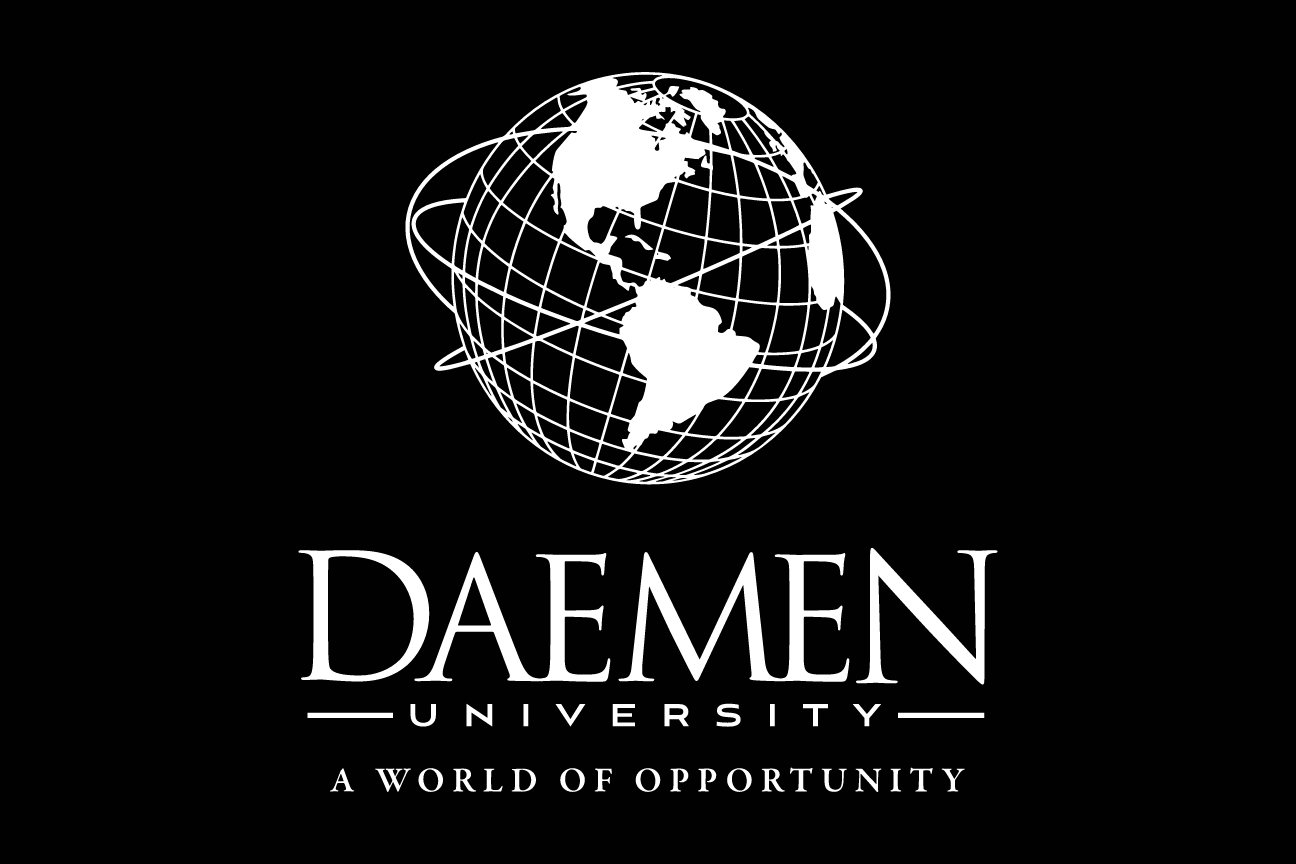 Daemen University logo with tagline, stacked, white on black variant, cell 5