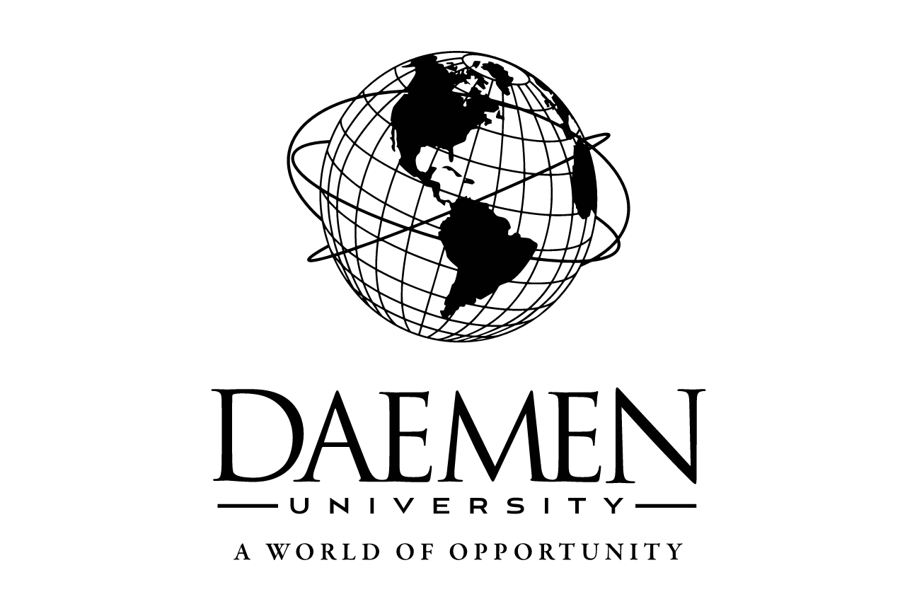 Daemen University logo with tagline, stacked, black variant, cell 6