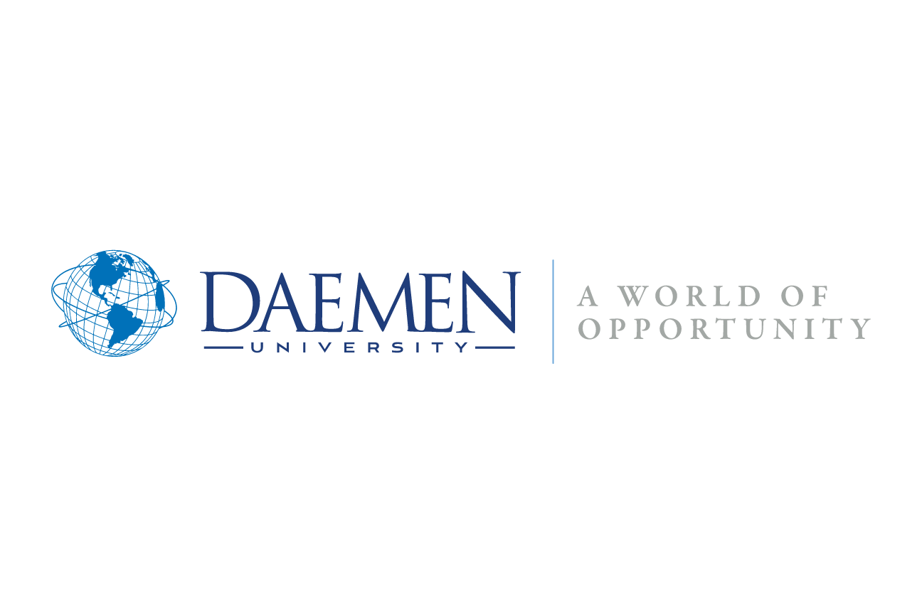 Daemen University logo with tagline, horizontal, blue/gray variant, cell 25