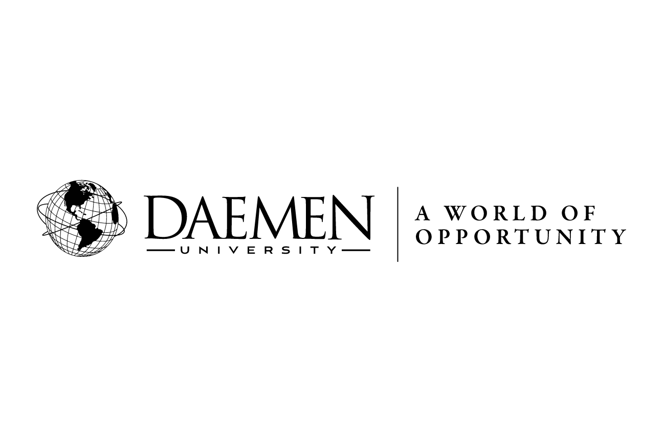 Daemen University logo with tagline, horizontal, black variant, cell 27