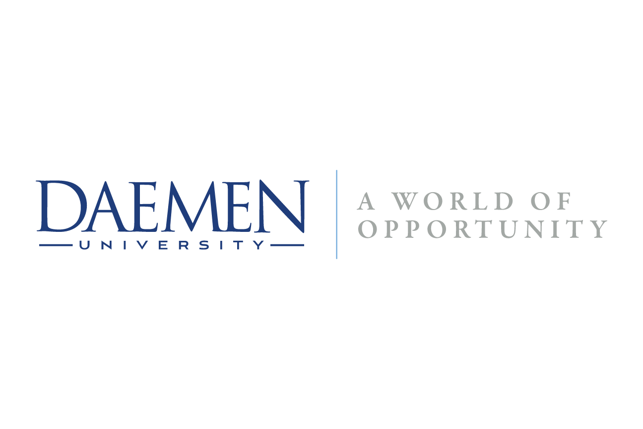 Daemen University logo with tagline, horizontal alternate, blue/gray variant, cell 31