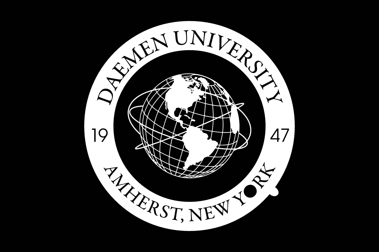 Daemen University seal, white on black variant, cell 14
