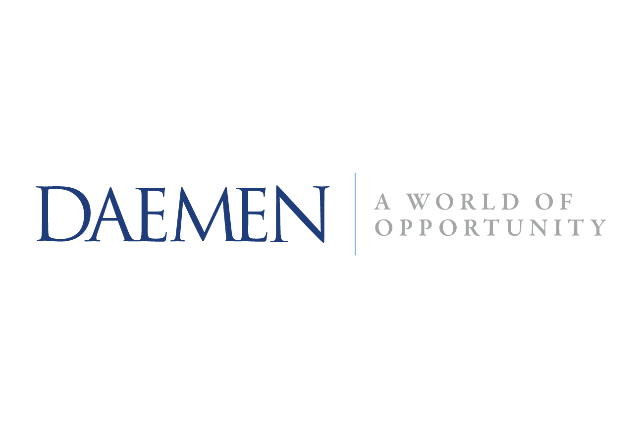 Daemen wordmark with tagline, horizontal, blue/gray variant, cell 22