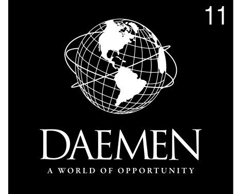 Daemen logo with tagline, stacked, white on black variant, cell 11