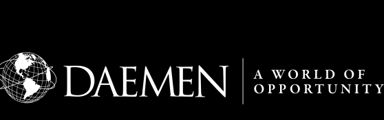 Daemen logo with tagline, horizontal, white on black variant, cell 29