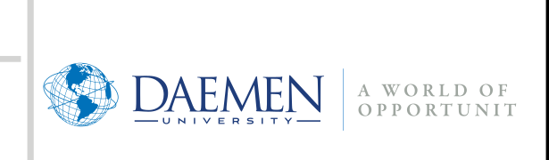 Daemen University logo with tagline, horizontal, blue/gray variant, cell 25
