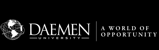 Daemen University logo with tagline, horizontal, white on black variant, cell 26