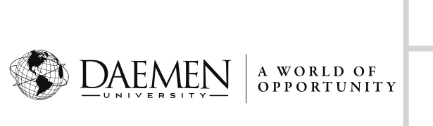 Daemen University logo with tagline, horizontal, black variant, cell 27