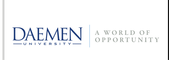 Daemen University logo with tagline, horizontal alternate, blue/gray variant, cell 31